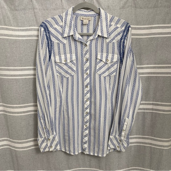 ARIAT / Blue and White Striped Embroidered Long Sleeve Button Down Shirt Size XL - Picture 2 of 13